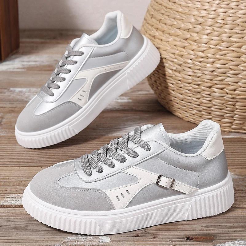 Fashion Spring New Thick Sole Women's Vulcanize Shoes Casual Womens Lace-Up White Flats Shoes Comfortable Wear-Resistant Ladies Sneakers