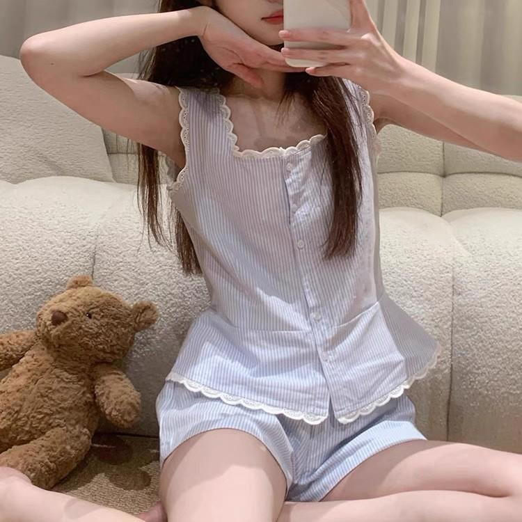 

Cute suspender striped pajamas women s summer short-sleeved shorts ins style suit lace girl can wear loungewear XXL