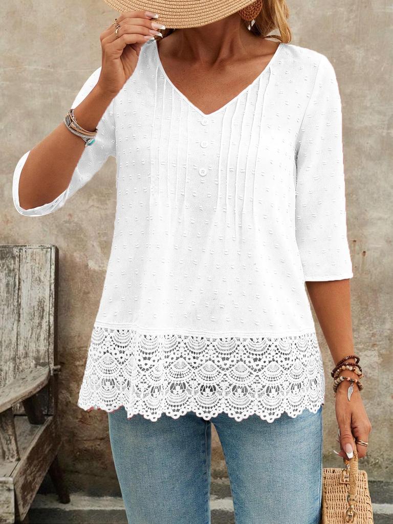 French Forest Style Hollow Embroidery Lace Casual Women's Short Shirt