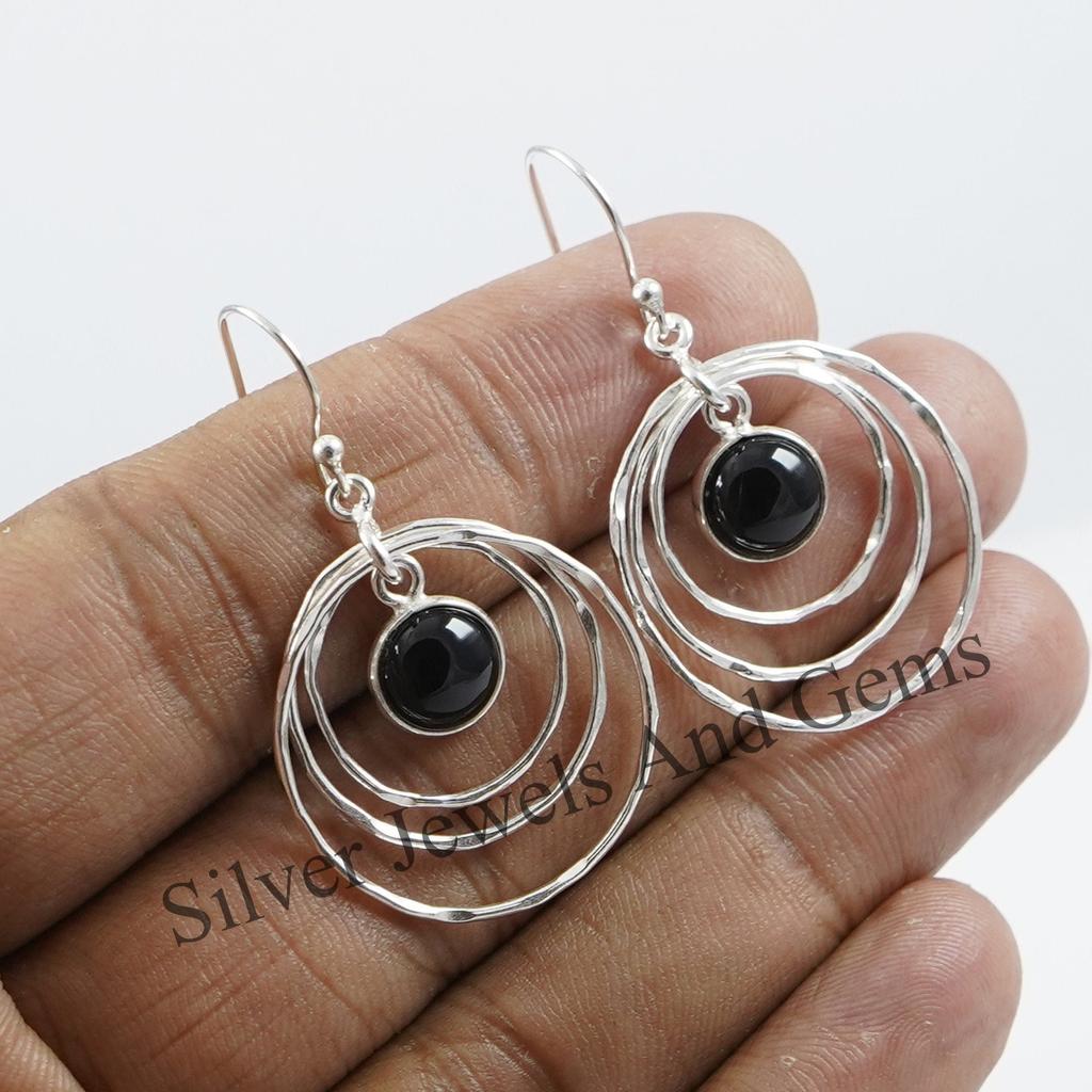 Hammered 925 Sterling Silver Black Onyx Earrings, Handmade December Birthstone