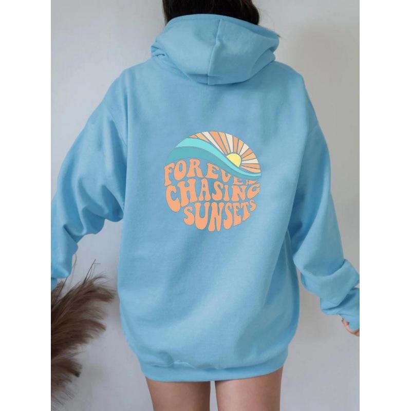 Forever Chasing the Sunset Print Kangaroo Pocket Drawstring Hooded Women's Fleece Sweater