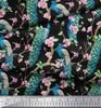 Soimoi Black Poly Crepe Fabric Pink Flower|Branch & Peacock Bird Print Fabric by the Yard 42 Inch