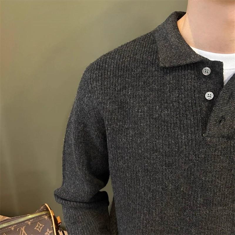 Men's Knit Sweater Autumn Winter Pullover Korean Soft Heavyweight Knit Polo Sweaters Minimalist Long Sleeve Solid Casual Top