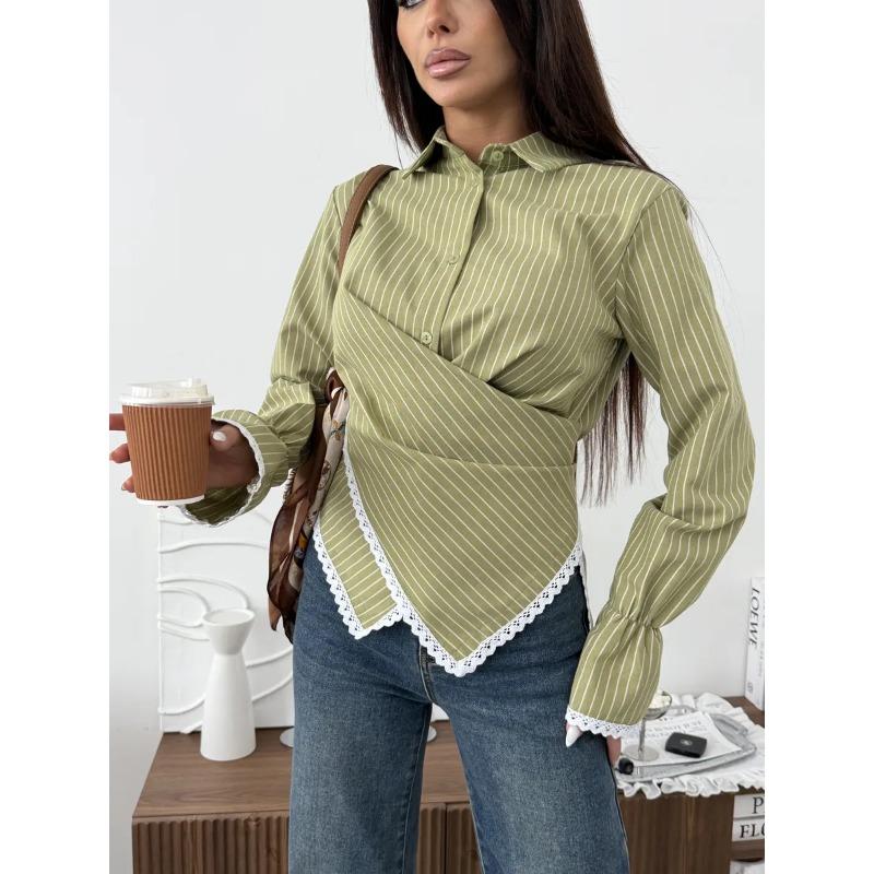 Women Vertical Stripes Cross Shirt Long Sleeve Cardigan Blouse Slim Fit Casual Spring Autumn Casual Lace Tops Fashion Elegant Tops