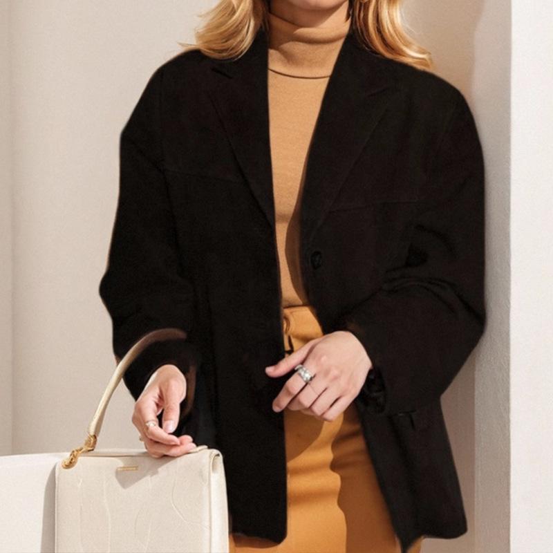 Vintage Brown Loose Fit Women's Long Sleeve Blazer with Pockets