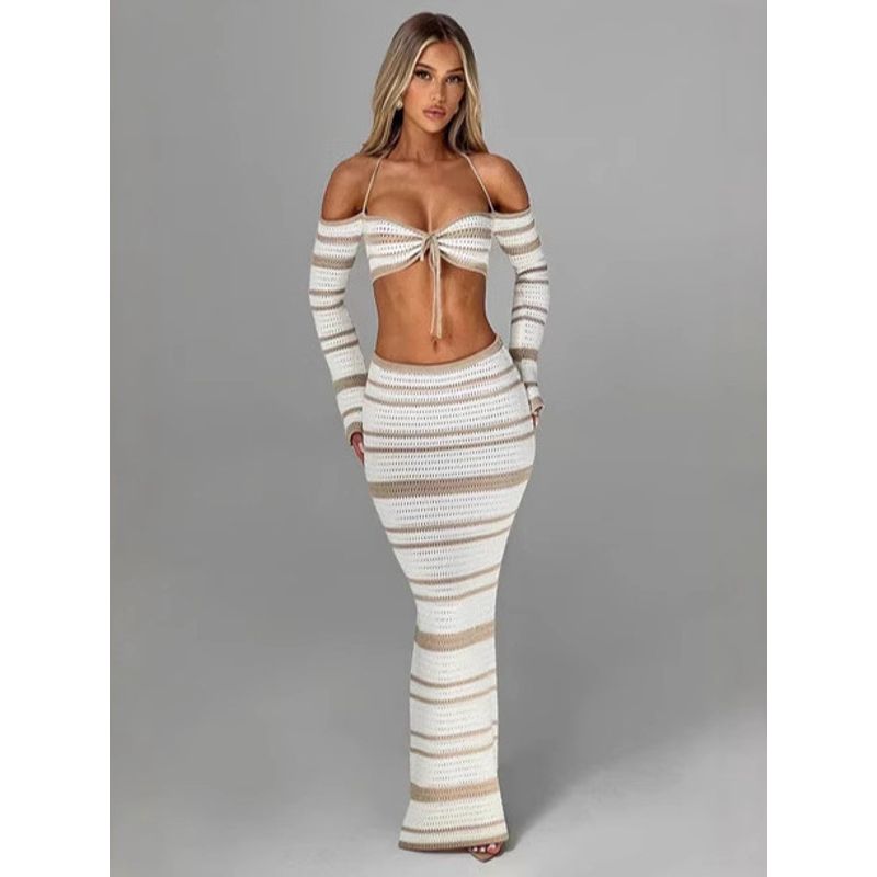 Long Sleeve Neck Hanging Dress Set Long Sleeves Halter Top Bodycon Dress Suit