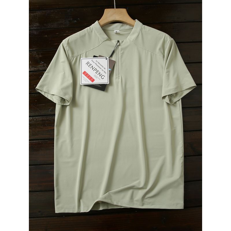 American Orders Moisture-Wicking and Sweat-Wicking Cool-Feeling Ice Silk High-Elastic Summer Men's Sports Breathable Half-Zip Short-Sleeved T-Shirt