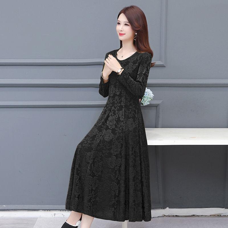 Abito Maxi Lussuoso Jacquard Floreale Girocollo Maniche Lunghe per Madri Elegante Abito da Ballo