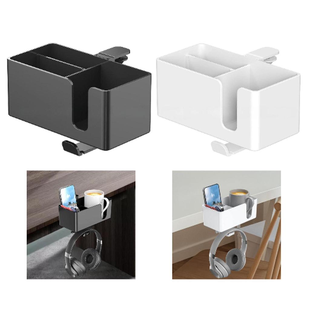 Phone Pen Storage Box 4 in 1 Desk Cup Holder Clamp on Under Desk Headphone Hanger for Workstation Coffee Mug Dorm NightStand