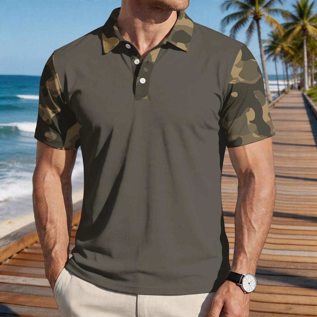 Men's Loose Fit Casual Polo Shirt Short Sleeve Camouflage Print Patchwork Design Button Collar Summer Top