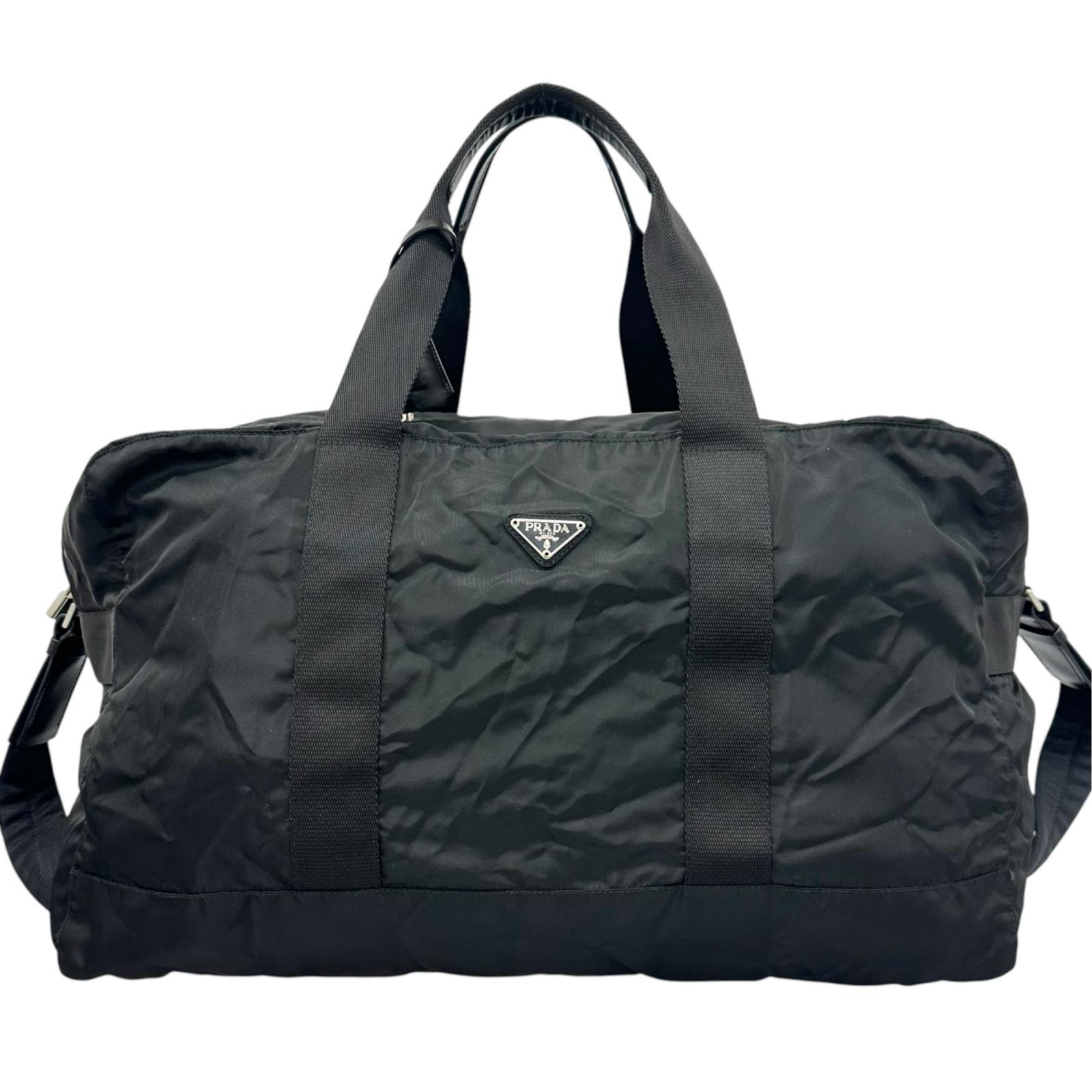 PRADA Triangle logo Boston bag black unisex used