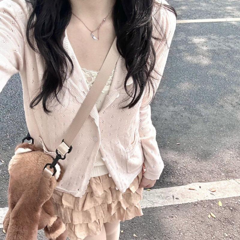 Pockets Women Cardigan Button Sweet Slim Hollow Out Spring Tender Temper Korean Style Long Sleeve Fashion Y2k Aesthetic Fairy