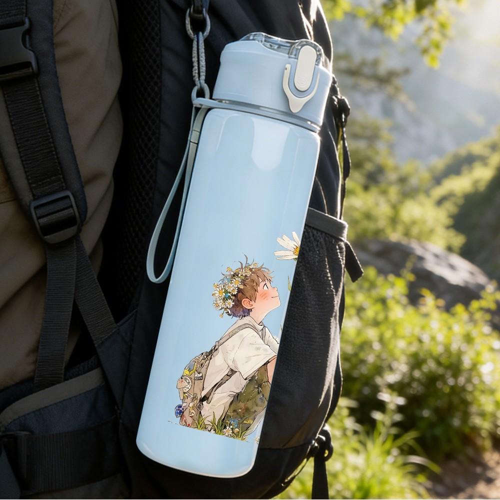 1PC Retro Girl Relax Graffiti Print 750ml Color Plastic Sports Water Bottle Leakproof Flip Straw Lid Suitable for Sports Office Home Use