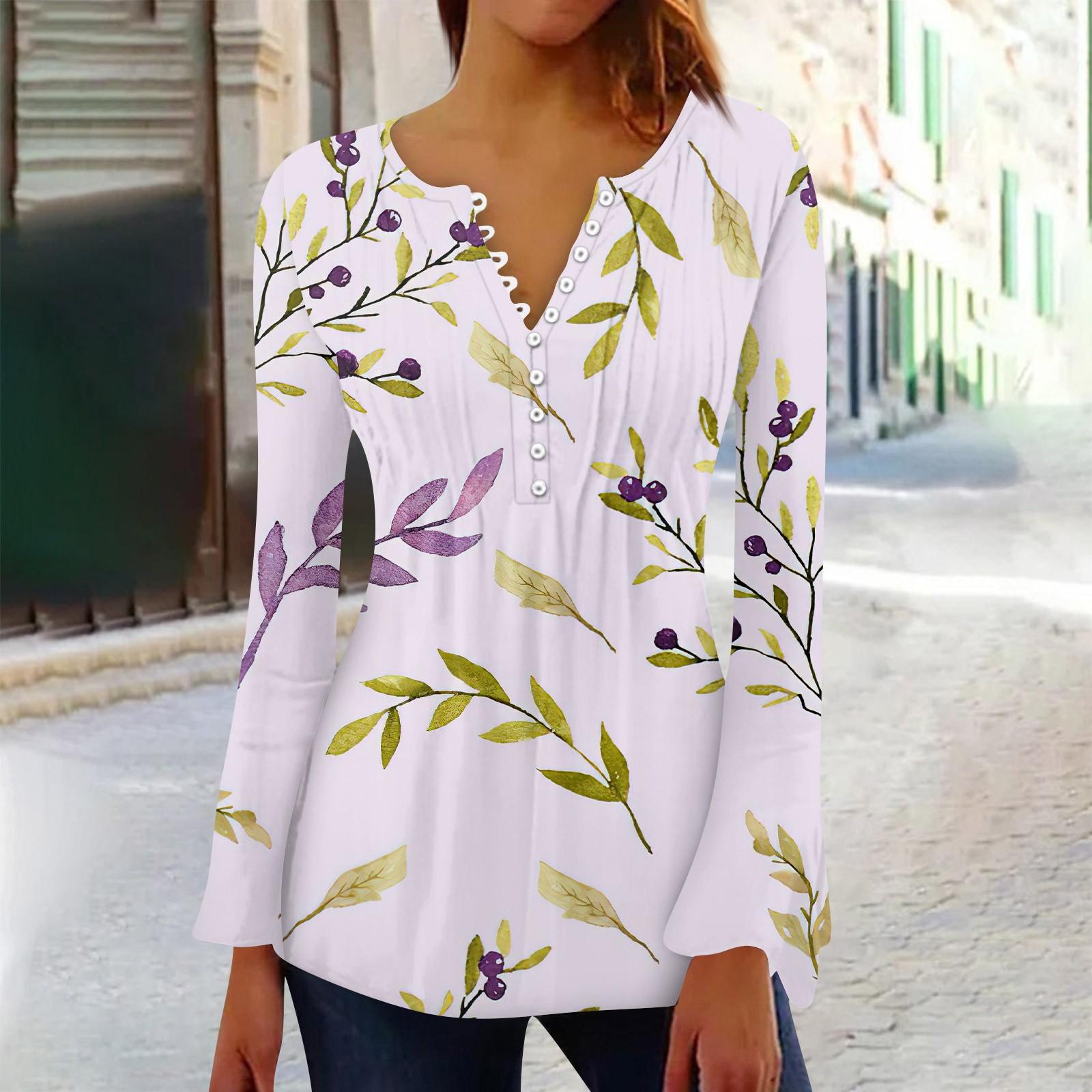 

Женская мода с цветочным принтом и v-образным вырезом, длинным рукавом, плиссированной футболкой на пуговицах, топ XXL