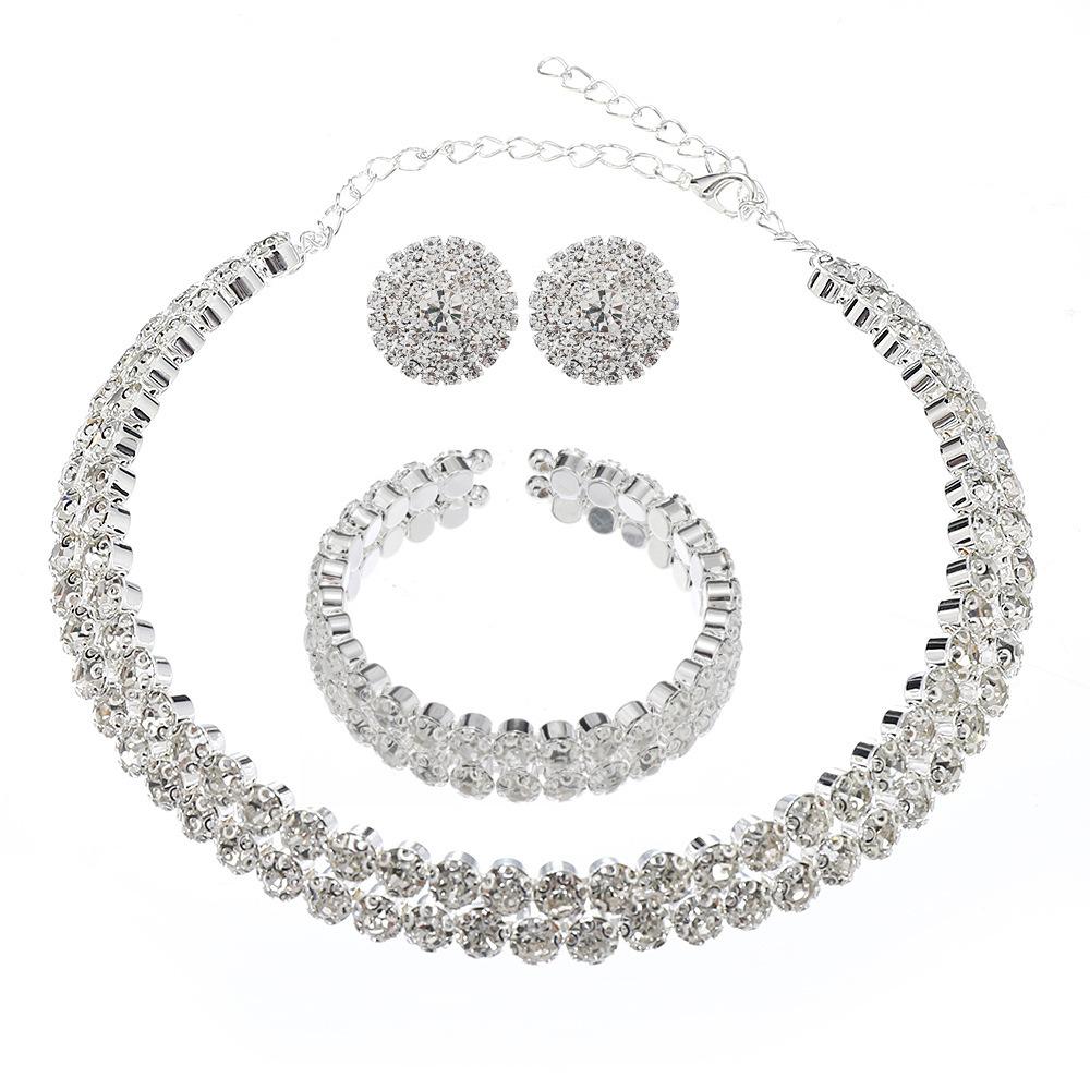 Light Luxury Double Layer Choker Necklace for Women Full Rhinestone Cuff Bracelet Stud Earring Braidal Wedding Party Jewelry Set