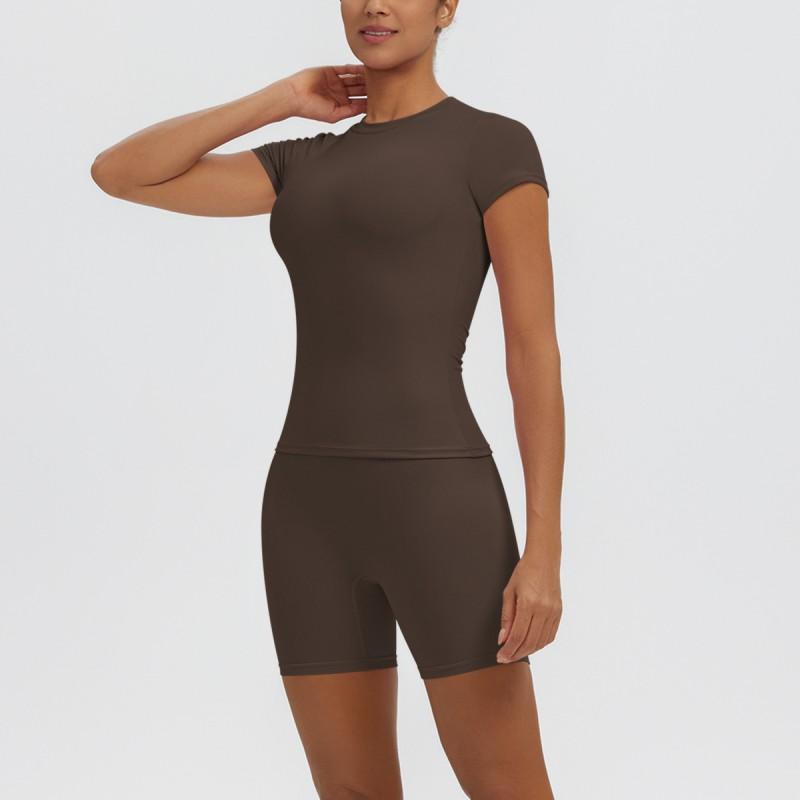 Breathable Yoga 2-Piece Set Short Sleeve High Waist Shorts Workout Fitness Activewear Women