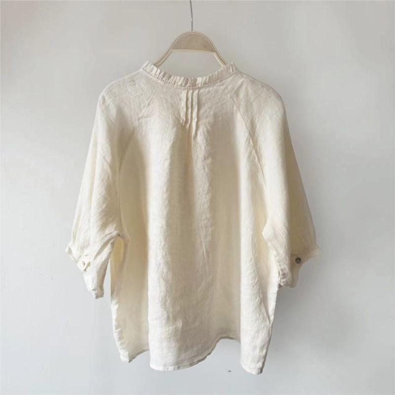 Johnature Koszule letnie Casual Vintage Falbany Kołnierzyk Proste Luźne Jednolity kolor Plisowane Wszystkie Dopasowane Bluzki damskie