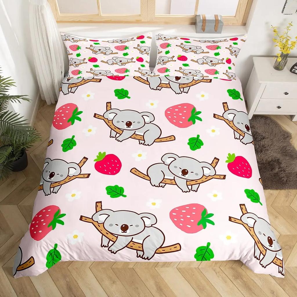 Cute Cartoon Koala Duvet Cover Set Botanical Blossom Floral Comforter Cover Kawaii Wild Animal Koala Bedding Set Twin Queen Size