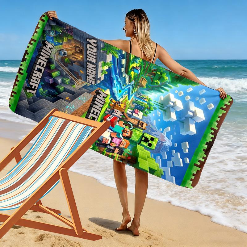 Name Custom Mine World Building Print Beach Towel, Large Soft Quick Dry Towel for Beach Camping Swimming