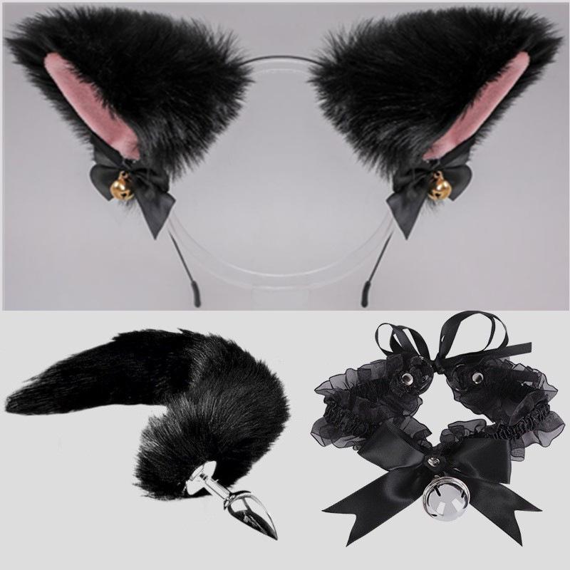 SM Erotic Kitten Restraint Set: Tail Plug, Collar, Cuffs, Nipple Clamps