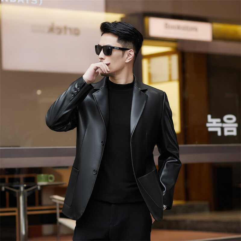 New Haining leather jacket men's sheepskin slim fit Korean version handsome suit collar locomotive light luxury autumn men's suit