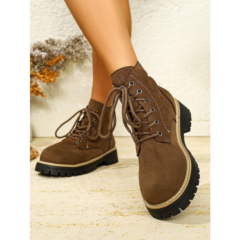 Round Toe Booties 2025 Winter New Lace-up British Style Plus Size Platform Martin Boots for Women