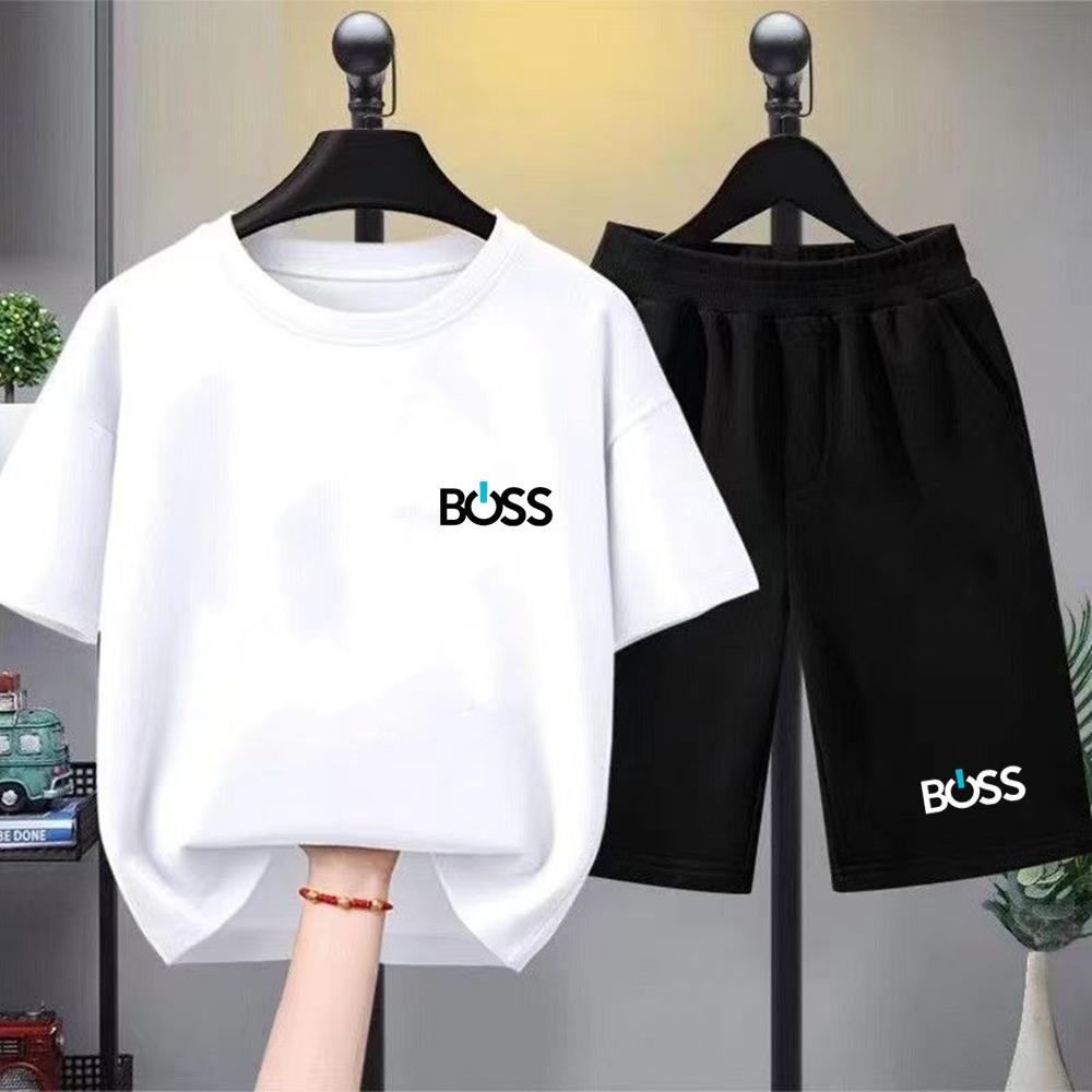 Children's summer short-sleeved printed T-shirt set, white and black T-shirt + shorts two-piece set.