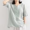 Women's Retro V-Neck Cotton Linen T-Shirt – Summer 2024 Short-Sleeve, Loose Fit, Solid Color.