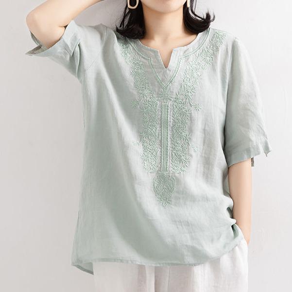 Women's Retro V-Neck Cotton Linen T-Shirt – Summer 2024 Short-Sleeve, Loose Fit, Solid Color.