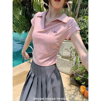 Bow Embroidery Polo Collar Short-sleeve Women's Summer New Design Pleated Slim Fit T-shirt for Women