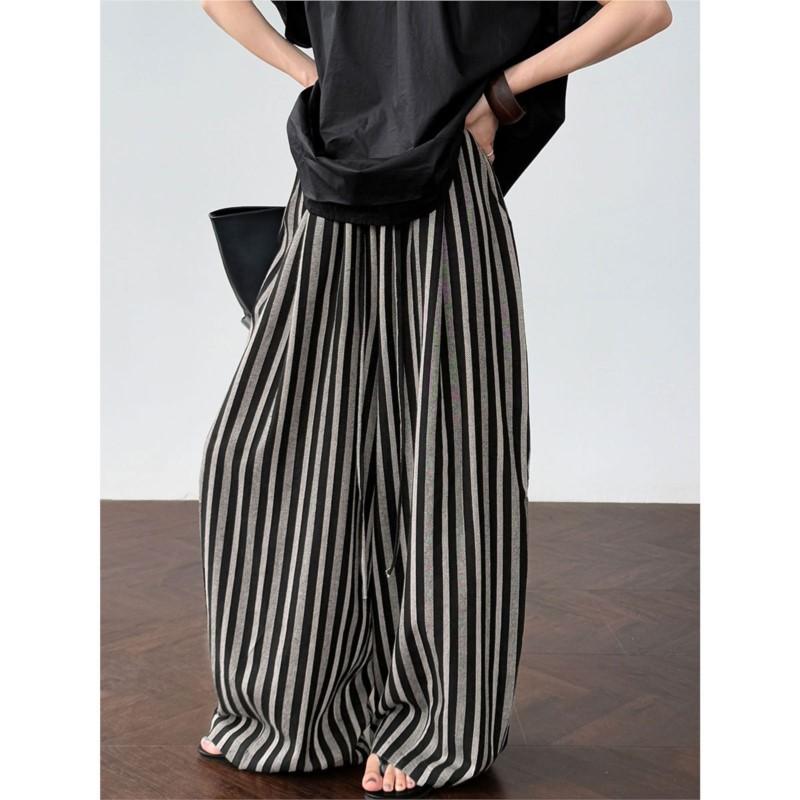 

Johnature Lazy Versatile Striped Pants Women Summer Loose Casual Wide-leg Pants Straight Elastic Waist Floor-length Pants L чёрный