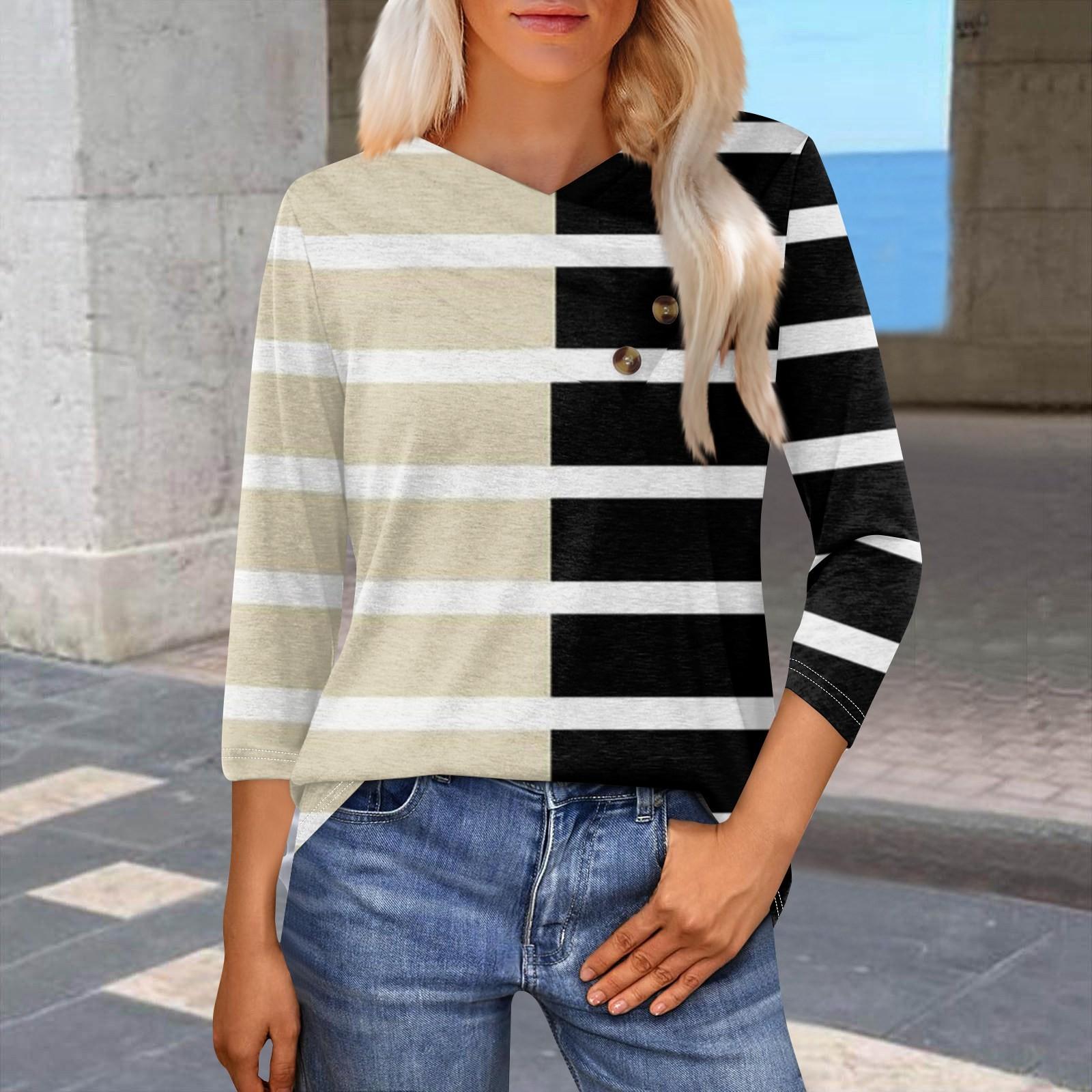 

Женская модная повседневная футболка с полосатым принтом, рукавами-семью, V-образным вырезом и застежкой на пуговицы L бежевый