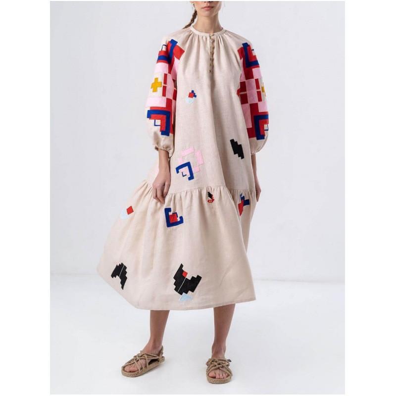 Womens Oversized Printed V-Neck Lantern Sleeve Midi Dress High Waist Casual Streetwear Small