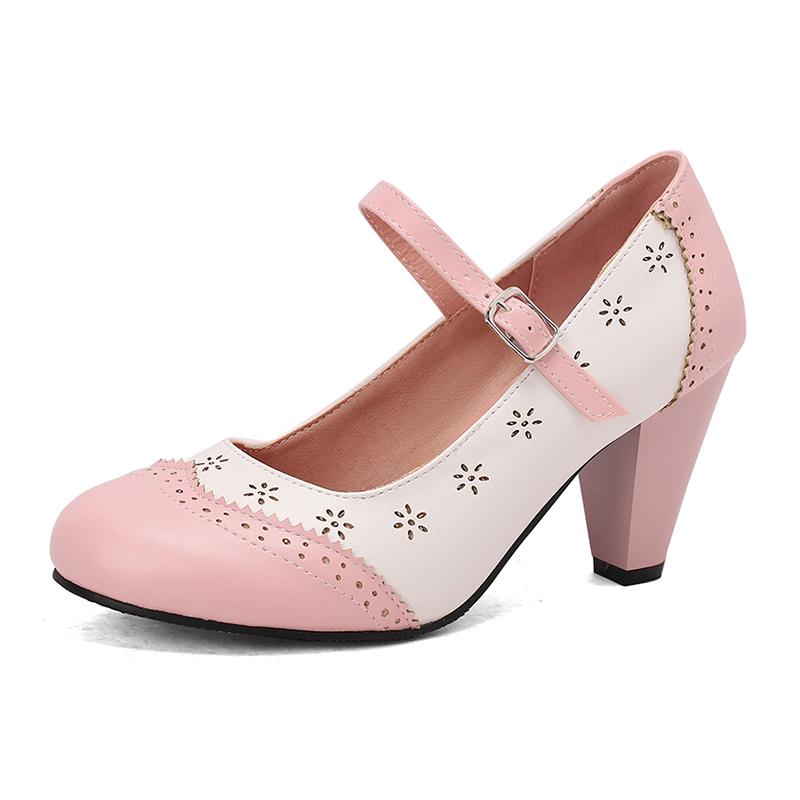 Damen High Heels Einzelne Schuhe Frühling und Sommer Neu Bequem Dicke Ferse Große Größe Leichte Mund Schnalle Niedrige Schuhe