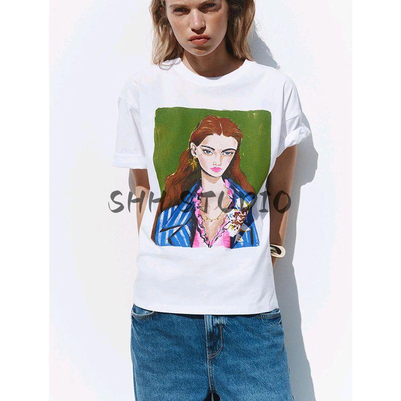Spring and Summer Women's Clothing French Style Silm Straight-leg Contrast Color Girls' Print Cotton Round Neck Short Sleeve T-shirt 5644188