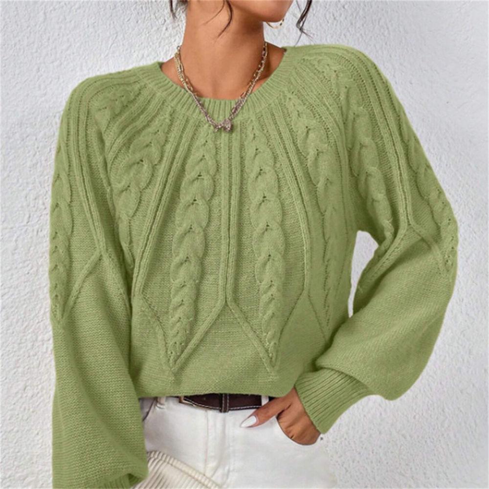 Women's Autumn/Winter Solid Color Cable Knit Sweater, Loose Crew Neck Lantern Sleeve Versatile Knit Top S-XL
