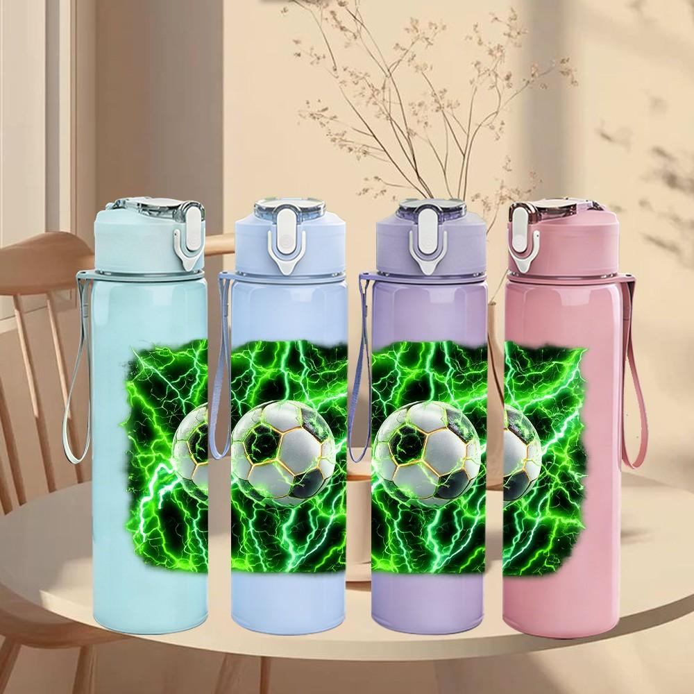 1PC Green Lightning Soccer Ball Print 750ml Color Plastic Sports Water Bottle Leakproof Flip Straw Lid Suitable for Sports Office Home Use