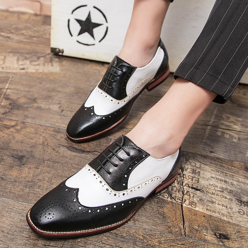 New Luxury Designer Men's Pointed Black With White Patchwork Dress Oxford Shoes Moccasins Wedding Prom Sapato Social Masculino