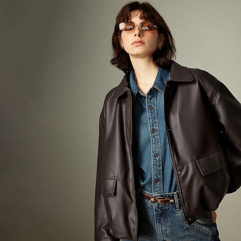 Chuyu Damen Winter Jacke mit Kragen aus Kunstfell und PU-Leder