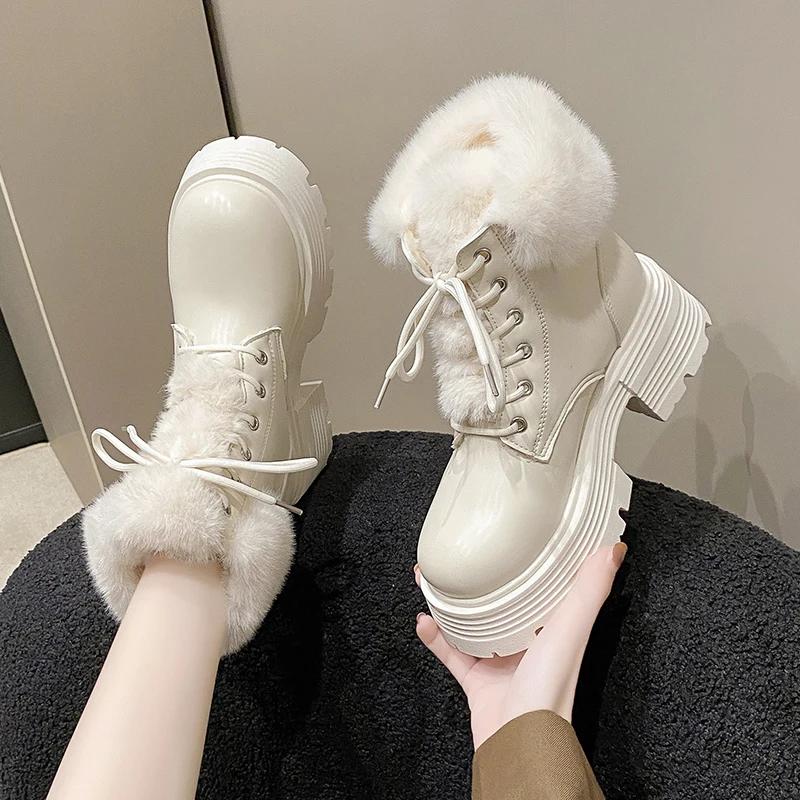 Fashion Winter Fluffy Fur Women Snow Boots Fashion Lace Up Short Booties Comfort Thick Heels Ladies Shoes