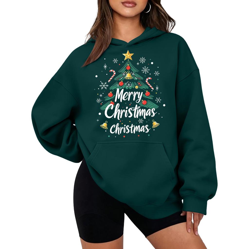 Women's Christmas Print Hooded Sweatshirt Long Sleeve Pullover Hoodie for Holiday Winter Outfit