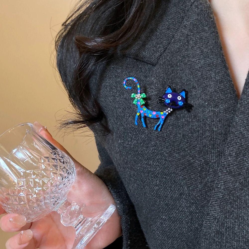 Rhinestone Vintage Enamel Brooch Retro Corsage Ornament Exquisite Dripping Oil Cat Brooch  for Gift