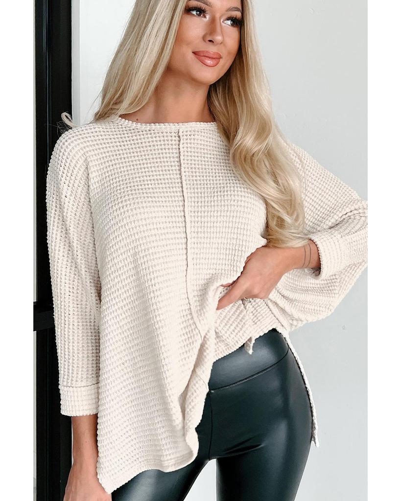 Azura Exchange Apricot Waffle Knit Splits Batwing Sleeve Oversized Top