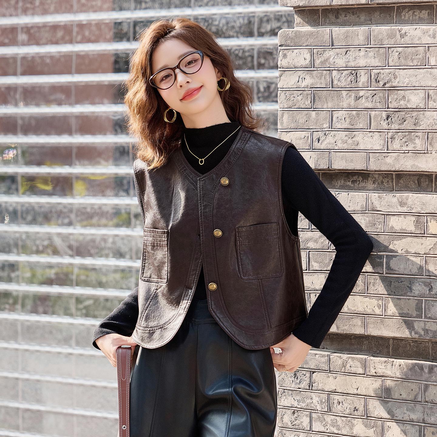 

Women s Short Sheepskin Leather Motorcycle Vest - Autumn/Winter Korean Style Outerwear L