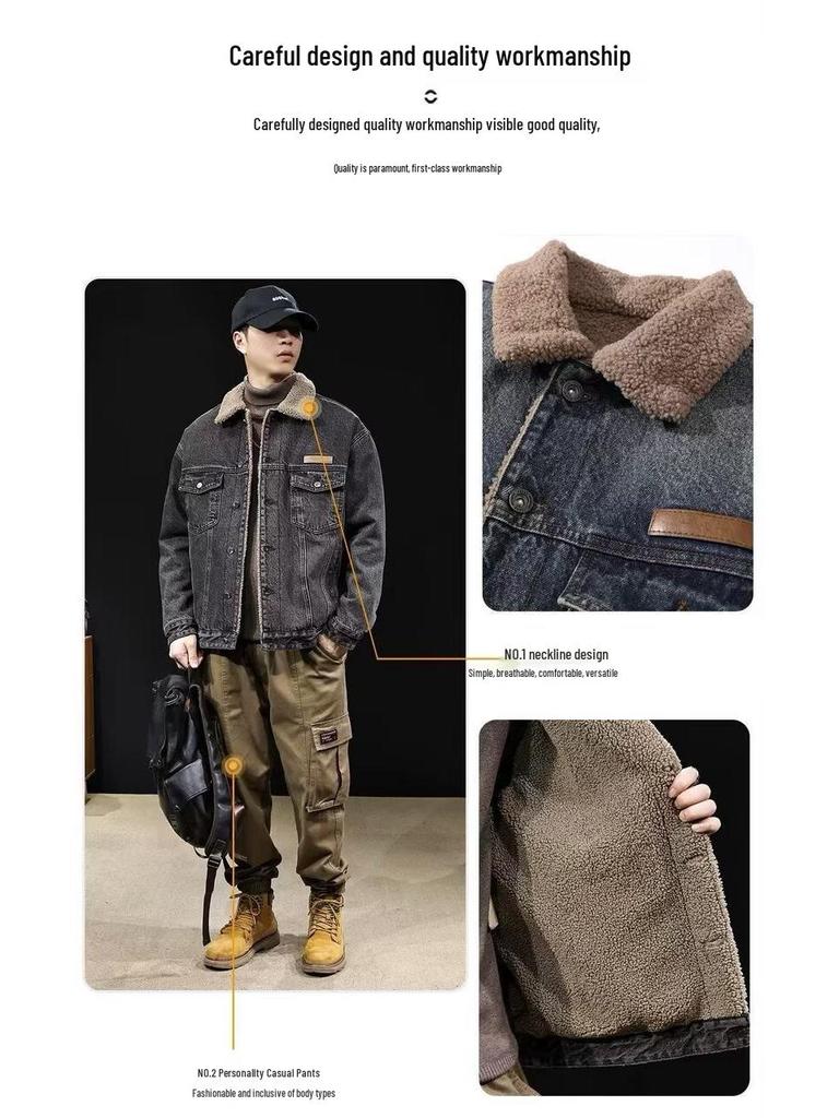 Herren American Retro Samt-Denimjacke - Dick, Warm Lammwolle Winter Arbeitskleidung Mantel