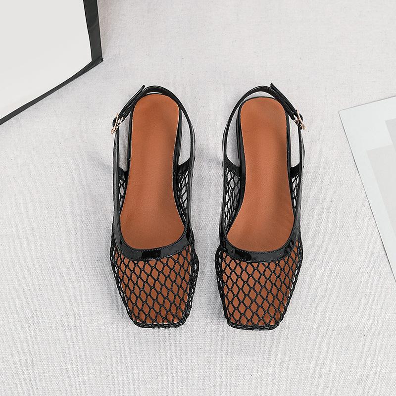 Mesh Slingback Flats for Women Summer Square Closed Toe Flats Slingback Sandals Women's Dress Shoes Adjustable Buckle Sandals Slip On Fishnet Mules