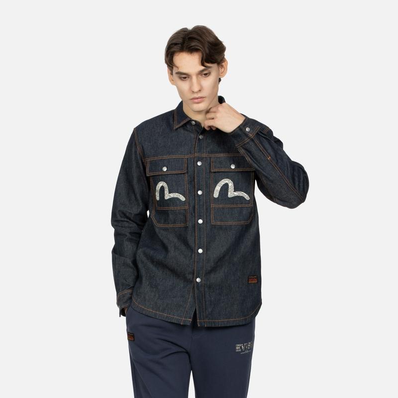 Evisu AW23 Seagull Logo And Icon Embroidered Shirt Men shirts Denim-Blue 2EAHTM3SL7031XXCT