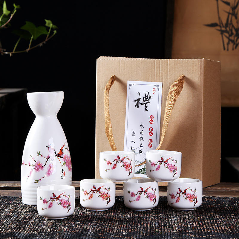 7Pcs Ceramics Japanese Sake Pot Cups Set Flagon Liquor Cup Spirits Hip Flasks Sake White Wine Pot Gifts Home Kitchen Drinkware