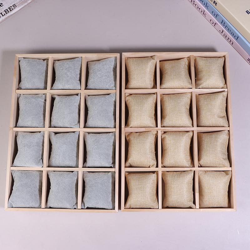 Drewniany 12-miejscowy organizer na zegarki, biżuterię i bransoletki z wyjmowanymi poduszkami flanelowymi