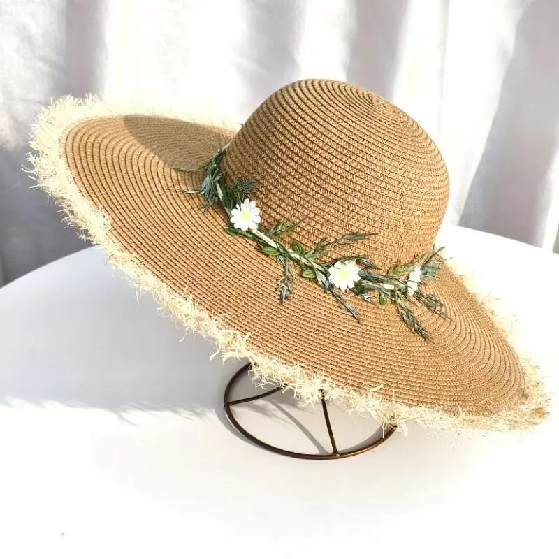 WTEMPO Solid Color Elegant Flowers Sun Hats Women Spring Summer Wide Brim Outdoor Breathable Foldable Beach Sunscreen Hats